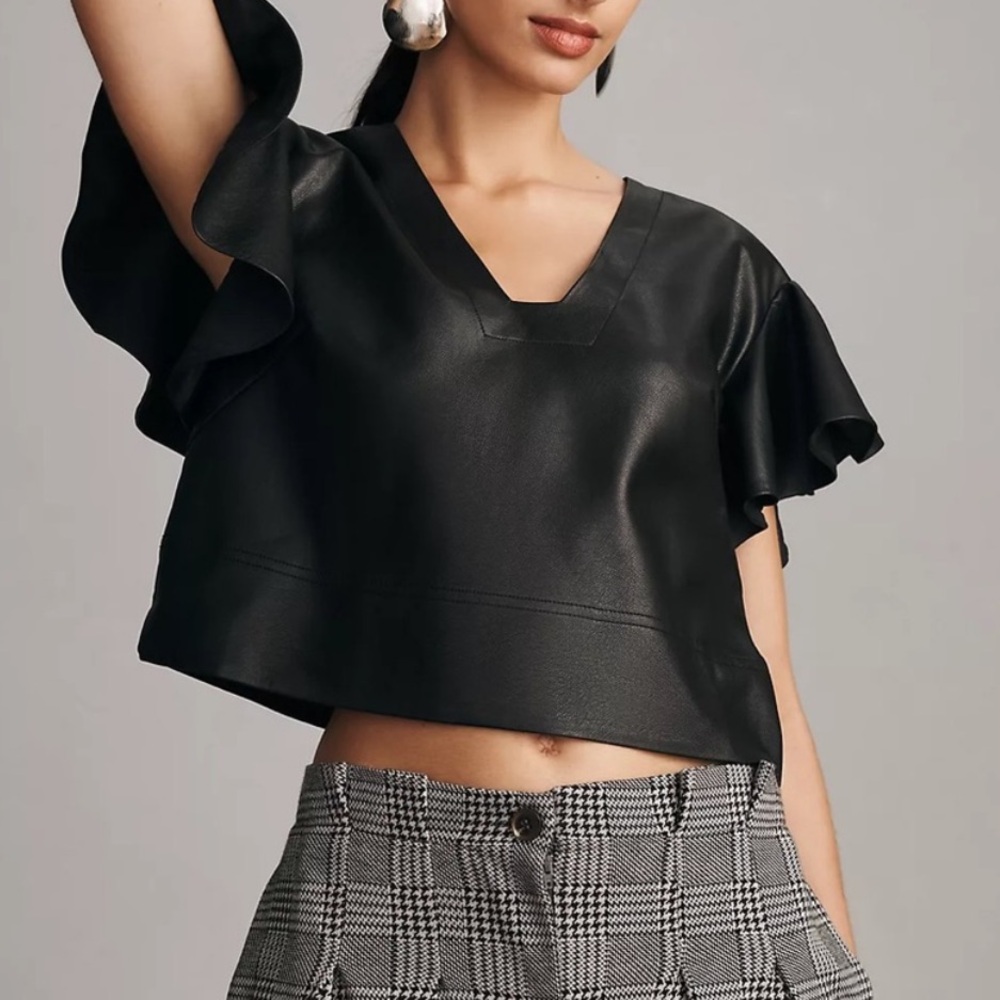 Anthropologie Black Ruffle Sleeve Top
